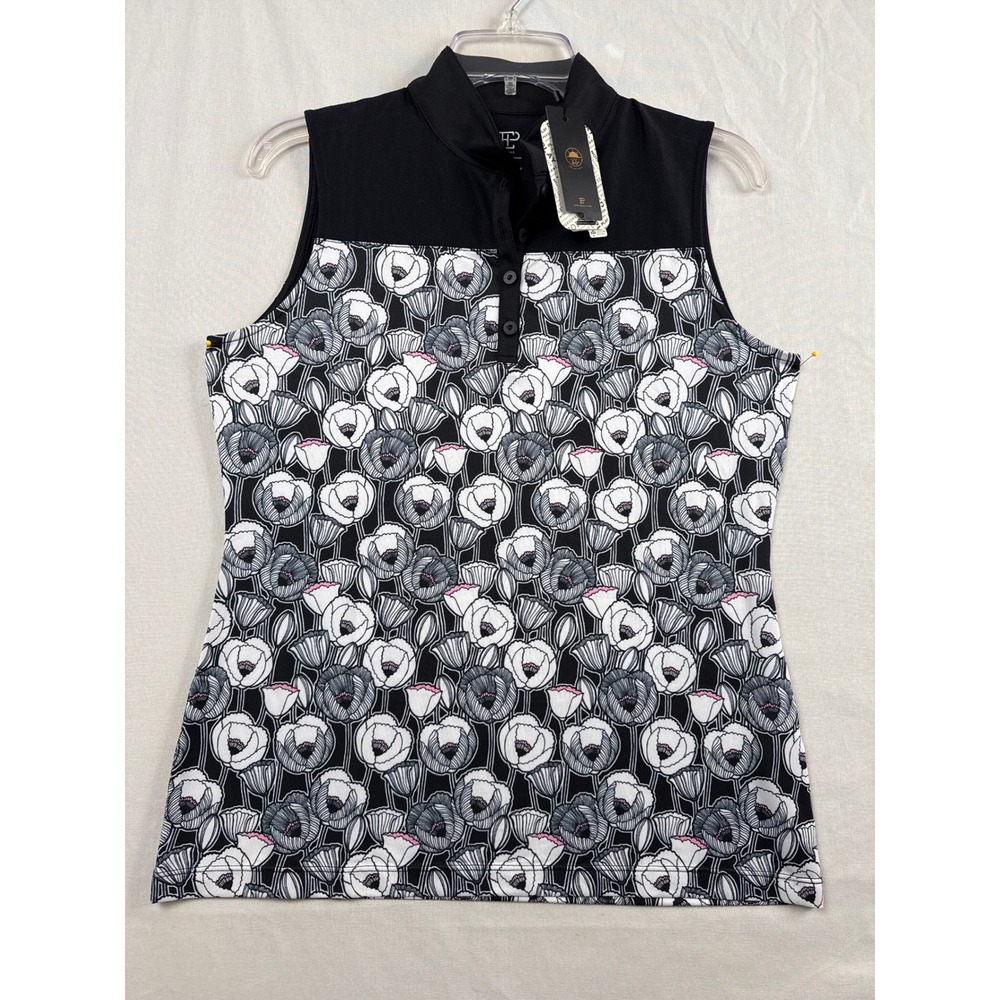 EPNY Golf Polo Top Womens Medium Black Floral UV 50+ Sleeveless Mock Neck New